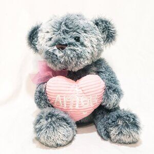Amor Teddy Bear Gray Pink Heart Stuffed Animal 10" I Love You